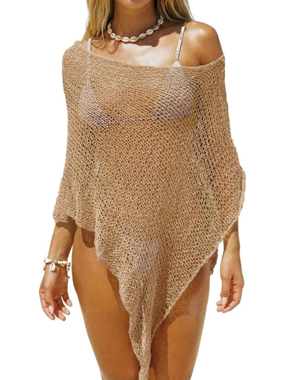 Women's khaki Sheer Crochet Mesh Beach Cover Up Batwing Boho Swimwear Top